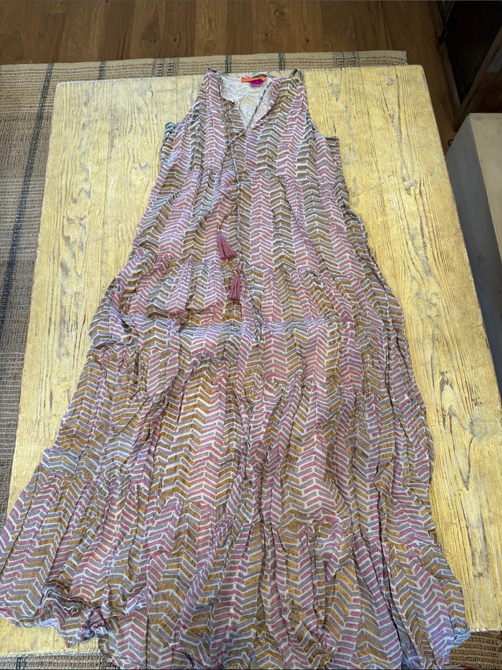Sleeveless Pink & Tan Patterned Maxi Dress